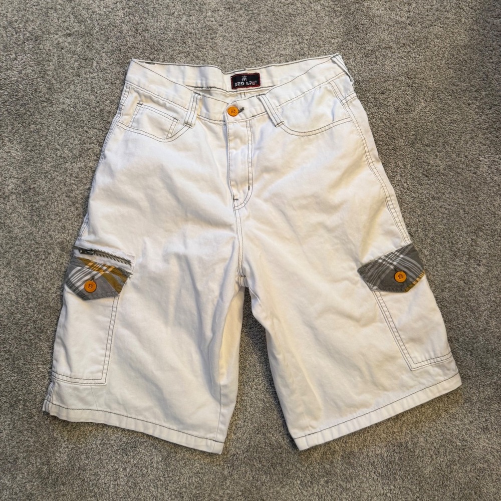 Baggy Red Ape Mens White Cargo Shorts Plaid Accents Size 32 Streetwear Y2K